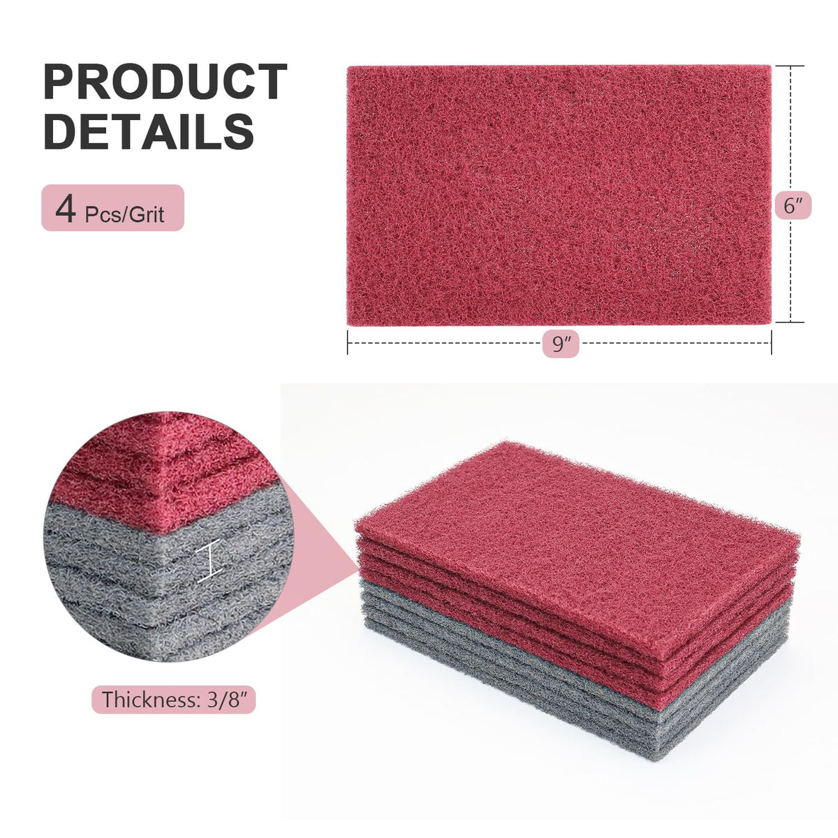 6"x9" Scuff Pads 8 Pack - 4 Maroon 320 & 4 Gray 800 Grit for Paint Prep, Auto Body & Woodworking, Non-Woven, Reusable Wet or Dry, Resists Clogging & Tearing