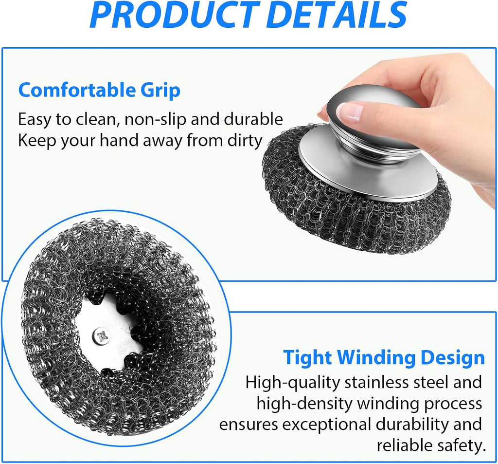 4-Pack Replaceable Steel Wool Scrubber with 2 Handles & 2 Brush Heads, Powerful Stainless Steel Cleaner for Pots, Pans, Grill, Stove Top - Remove Burnt Grease & Stubborn Grime