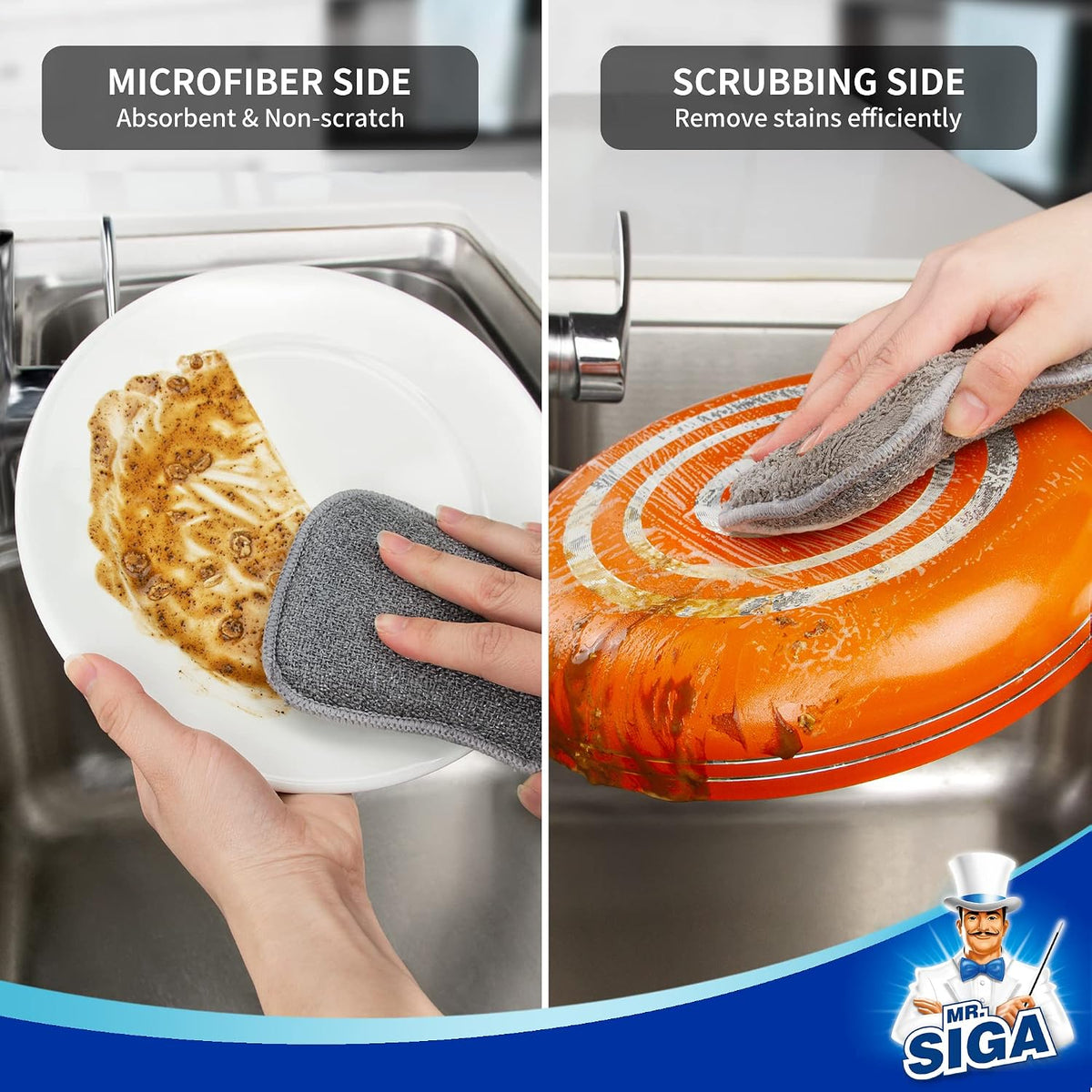 MR.SIGA Dual-Sided Scrub Sponges, Reusable Dishwashing Sponges, 6 Pack
