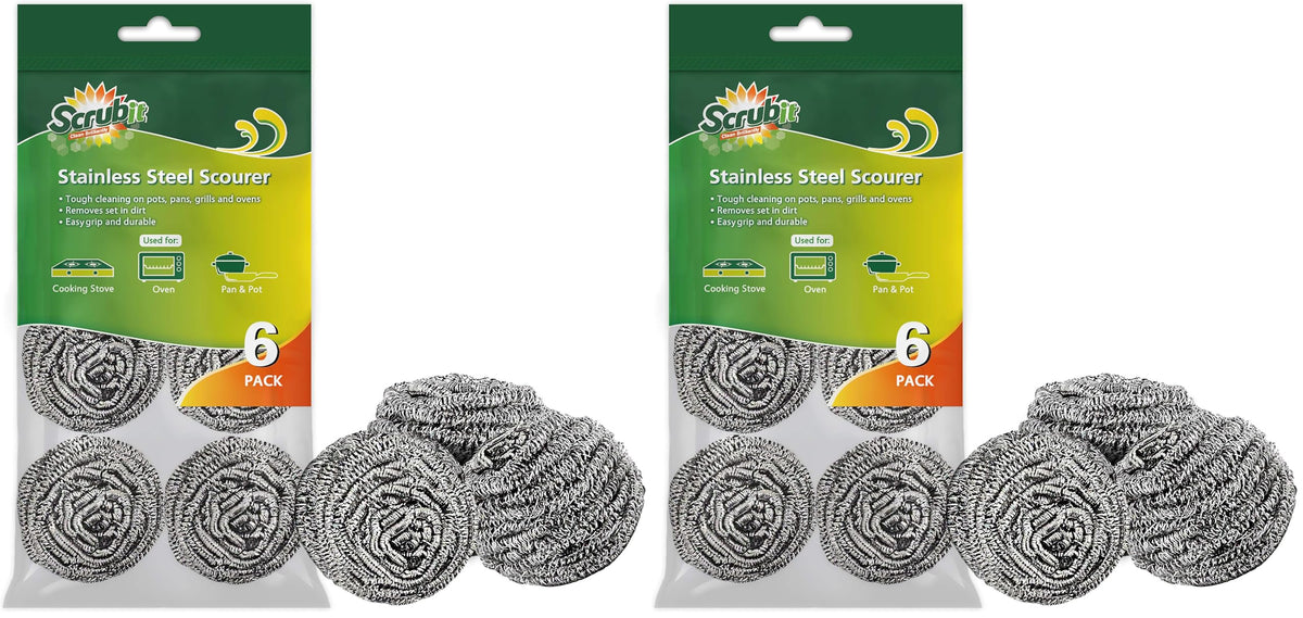 SCRUBIT 6 Pack Stainless Steel Scourers – Steel Wool Scrubber Pad Used for Dishes, Pots, Pans, and Ovens. Easy scouring for Tough Kitchen Cleaning.