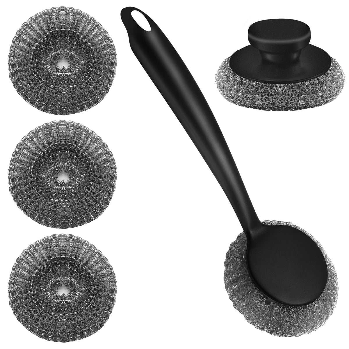 Stainless Steel Wool Scrubber with 2 Replacement Pads - Clean Metal Pans, Pots, Grills & More