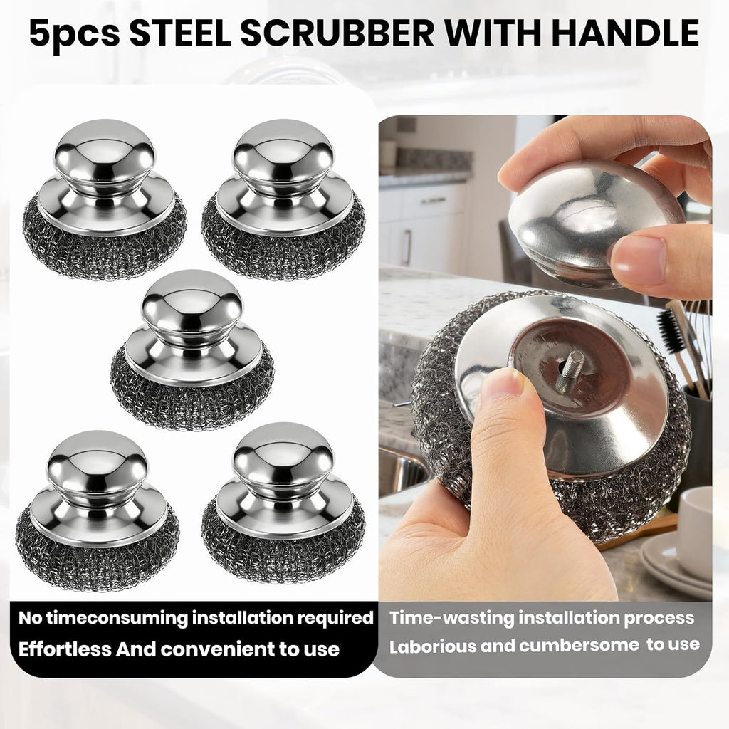 Steel Wool Scrubber with Handle, Stainless Steel, 5 Pack, for Cast Iron, Pots, Pans, Grill, Stoves, Sink (Sliver, M)