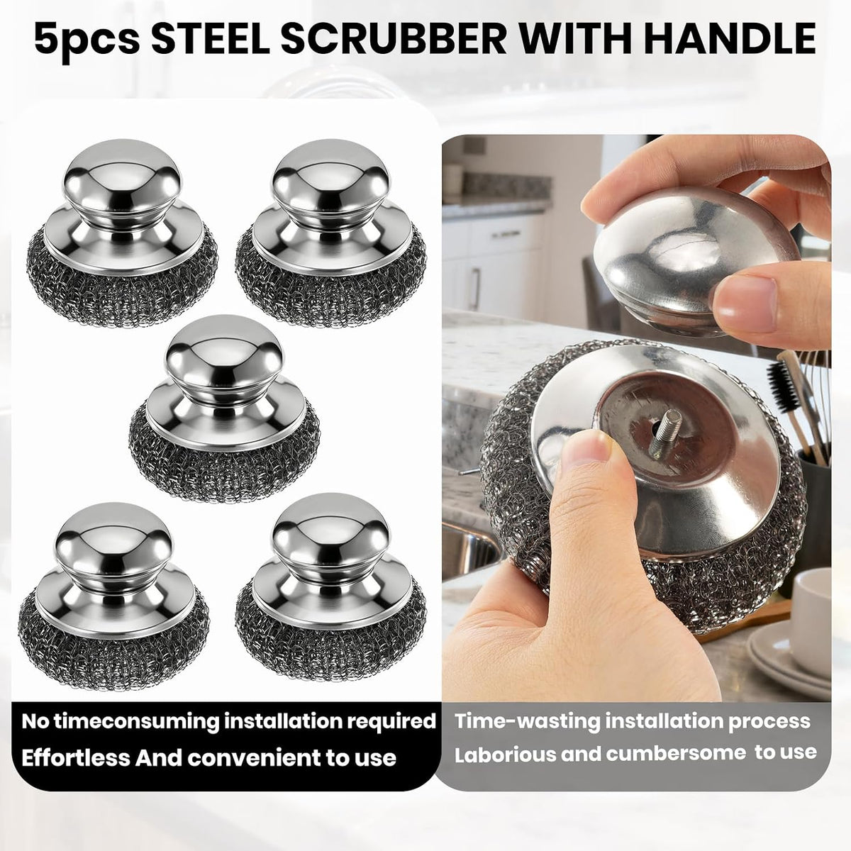 Steel Wool Scrubber with Handle, Stainless Steel, 5 Pack, for Cast Iron, Pots, Pans, Grill, Stoves, Sink (Sliver, M)