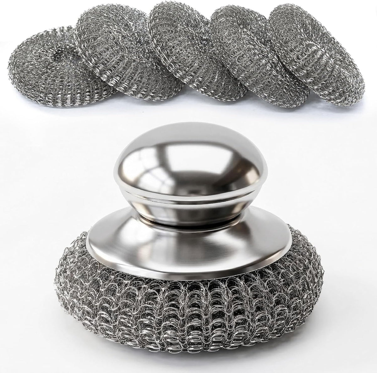 5 Pcs Steel Wool Scrubber with Handle: Stainless Steel Scrub Set for Cast Iron Scouring Stubborn Messes from Cast Iron, Pots, Pans, Grill, Stoves, Sink (1 Scrubber + 5 Pads)