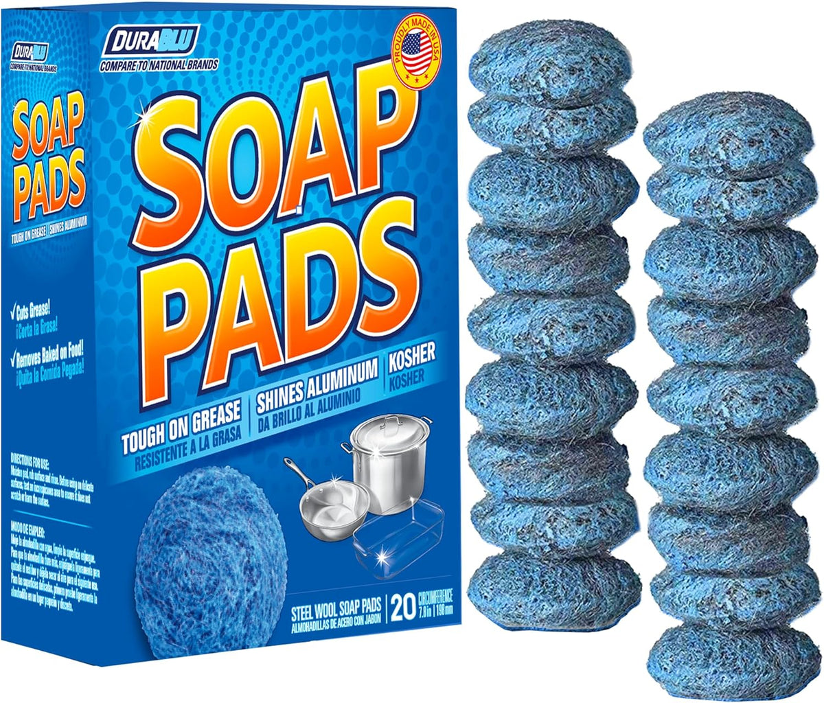 SCRUBIT 20 PK Steel Wool Soap Pads - [Updated Not-Kosher!] - Metal Scouring Cleaning Pads for Dishes, Pots and Ovens - Pre-Soaped scrubbing Pads for Easy Cleaning of Tough Kitchen Grease and Oil