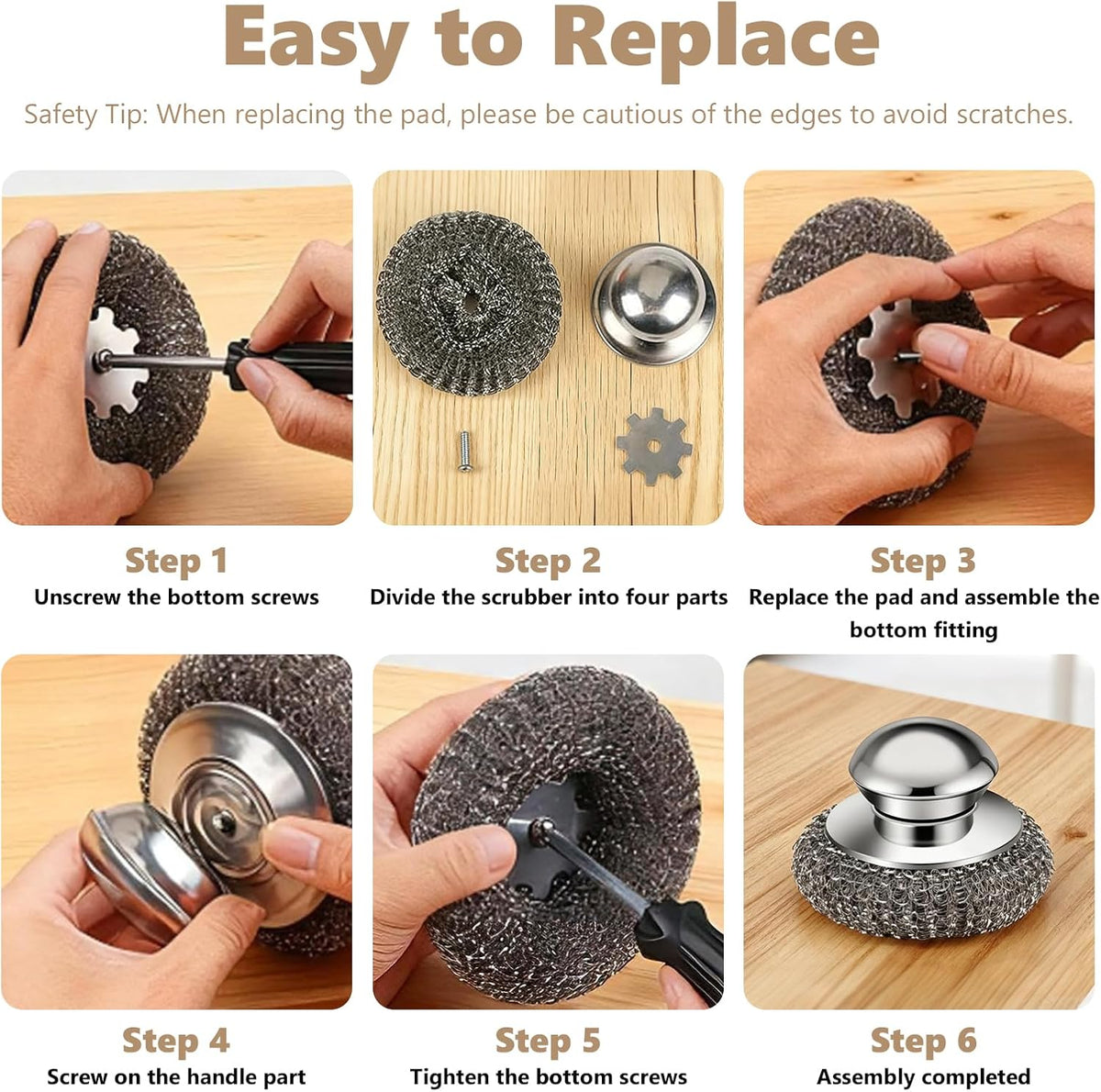 Steel Wool Scrubber, 4-Pack Stainless Steel Scrubber Pads with Handle - The Ultimate Scouring Solution for Rust, Stubborn Messes on Cookware, Grill, Oven & Kitchen Sinks