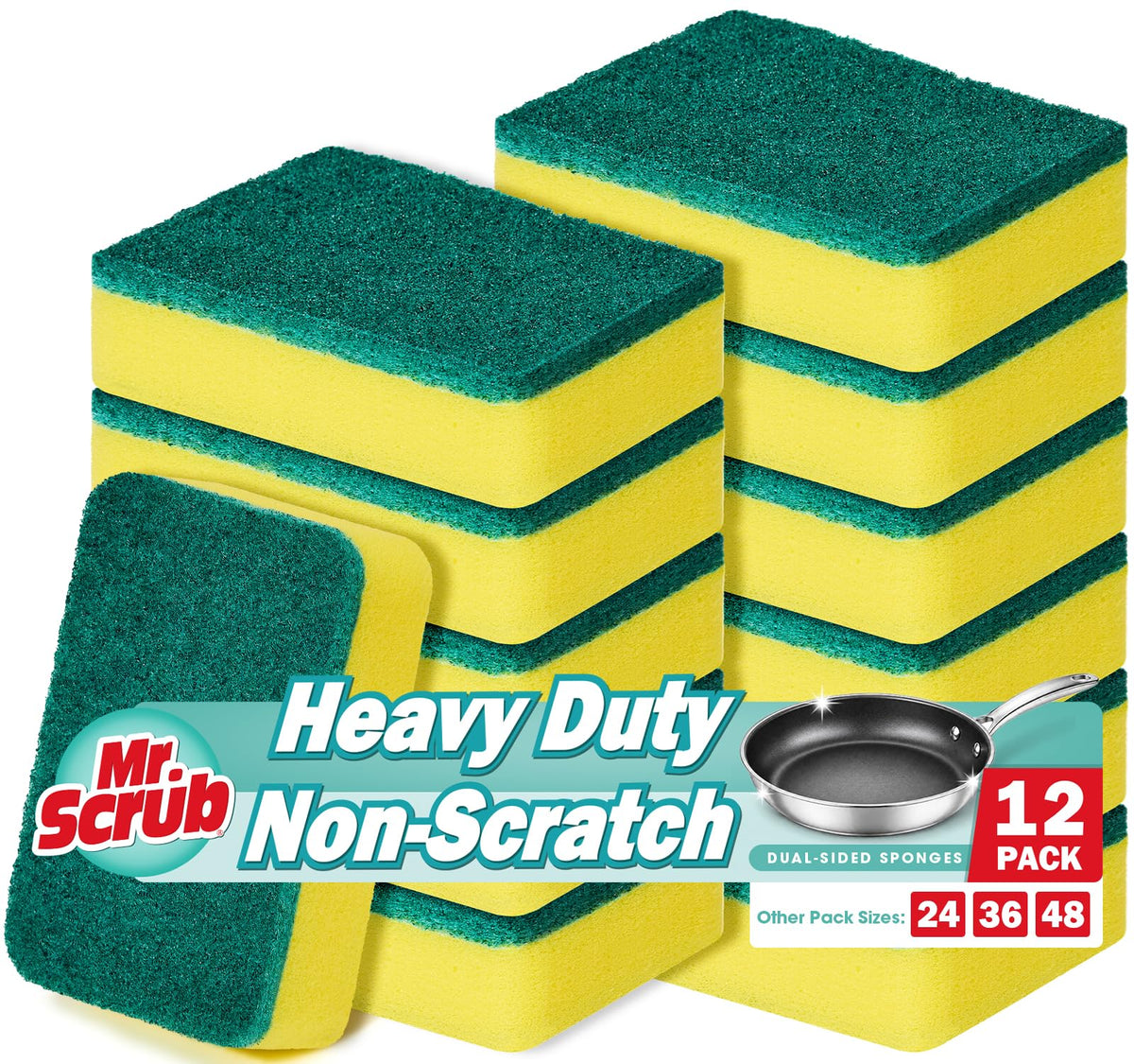 Mr. Scrub Sponges Kitchen Scrub Dish Sponge Scouring Pad, 12 Pack Cleaning Brush Scrubber Supplies for Soap, Dishwashing Dinnerware Sets Pan Pot Towels Cloth Rags Holder Glass Dishwasher Sink Bathroom