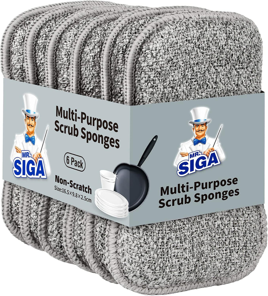MR.SIGA Dual-Sided Scrub Sponges, Reusable Dishwashing Sponges, 6 Pack