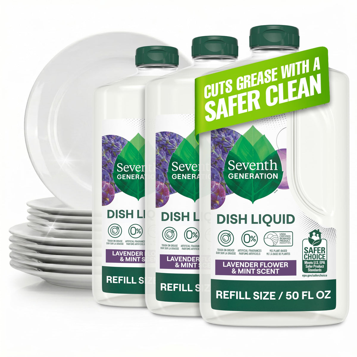 Seventh Generation Dish Soap Refill, Free & Clear, 50 fl oz, 3 Pack, Plant-Based Dishwashing Liquid for Grease & Tough Food Messes, For Sensitive Skin