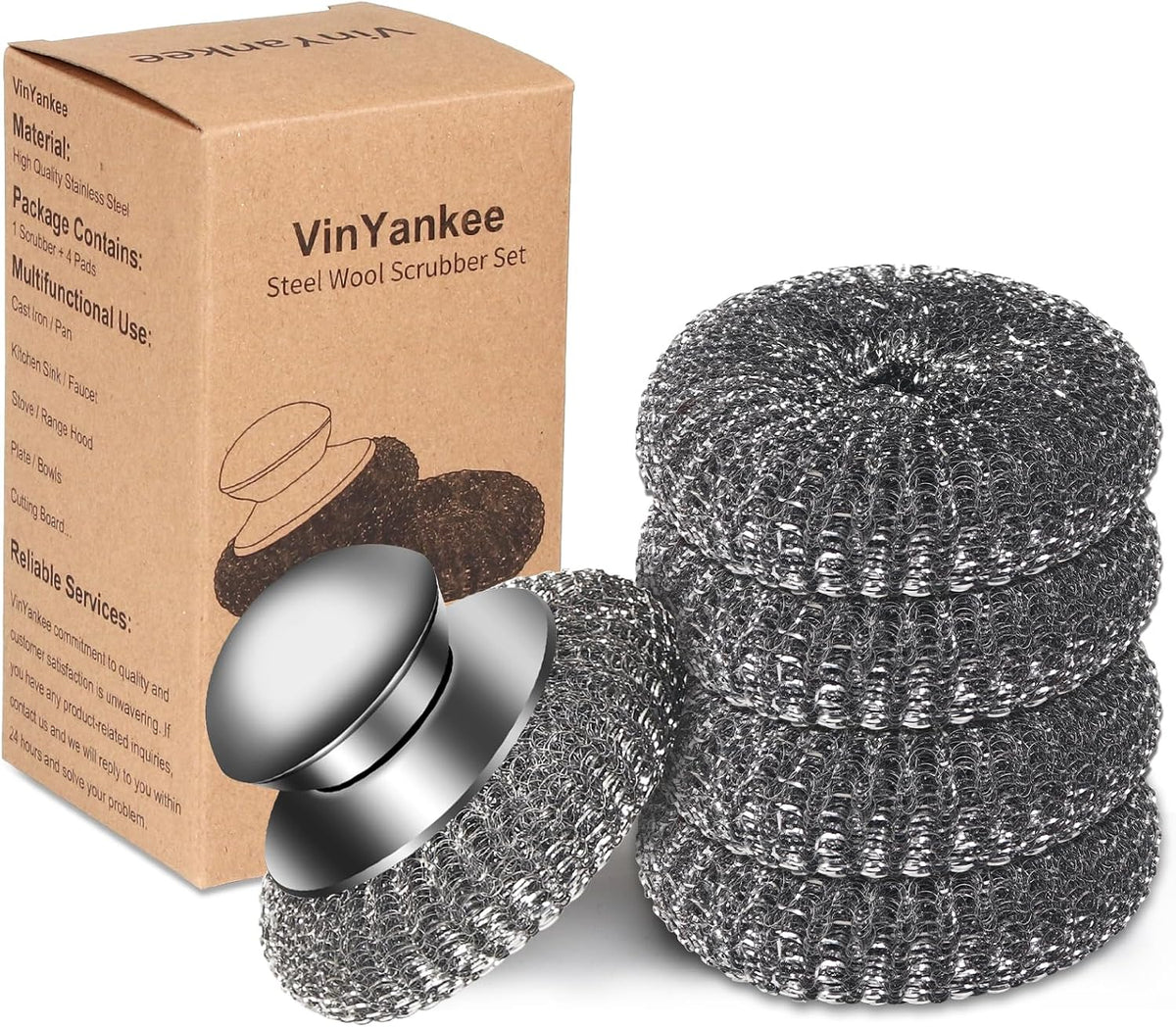 5Pcs Steel Wool Scrubber with Replacement Wire Sponge Pads Set, Stainless Steel Scrubber with Handle for Scouring Stubborn Messes from Cast Iron, Pots, Pans, Grill, Stoves, Sink(1 Scrubber+4 Pads)