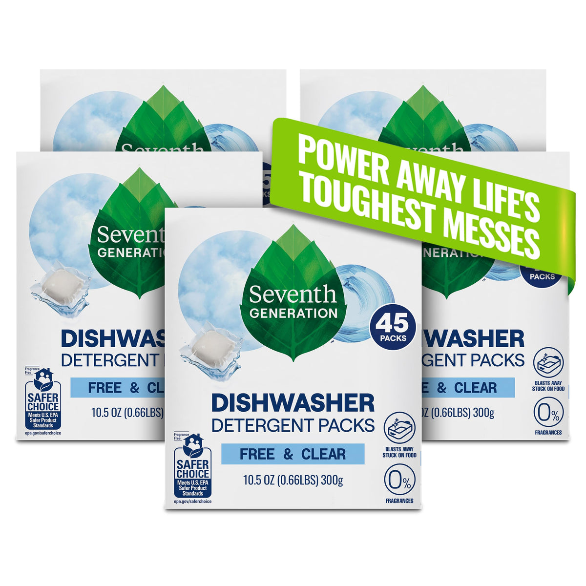 Seventh Generation Dishwasher Detergent Packs, Free & Clear, 45 Count, Pack of 2, Plant Powered Cleaning, Fights Greasy Reside & Stuck-On Food For Sparkling Dishes, Fragrance-Free & Septic Safe