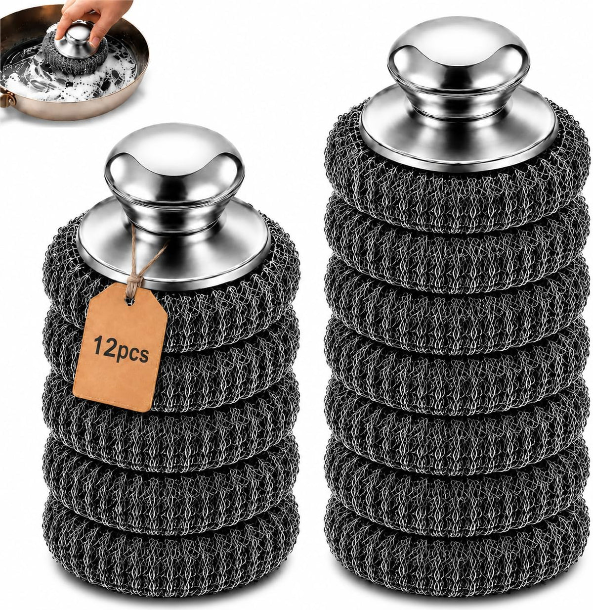 12PCS Steel Wool Scrubber，Steel Wool Pads with 2Pcs Handle,Stainless Steel Scrubber for Cast Iron Scrubber and Pot Scrubber for Kitchen Cast Iron, Kitchen Pots, Pans, Grill, Stoves, Sink