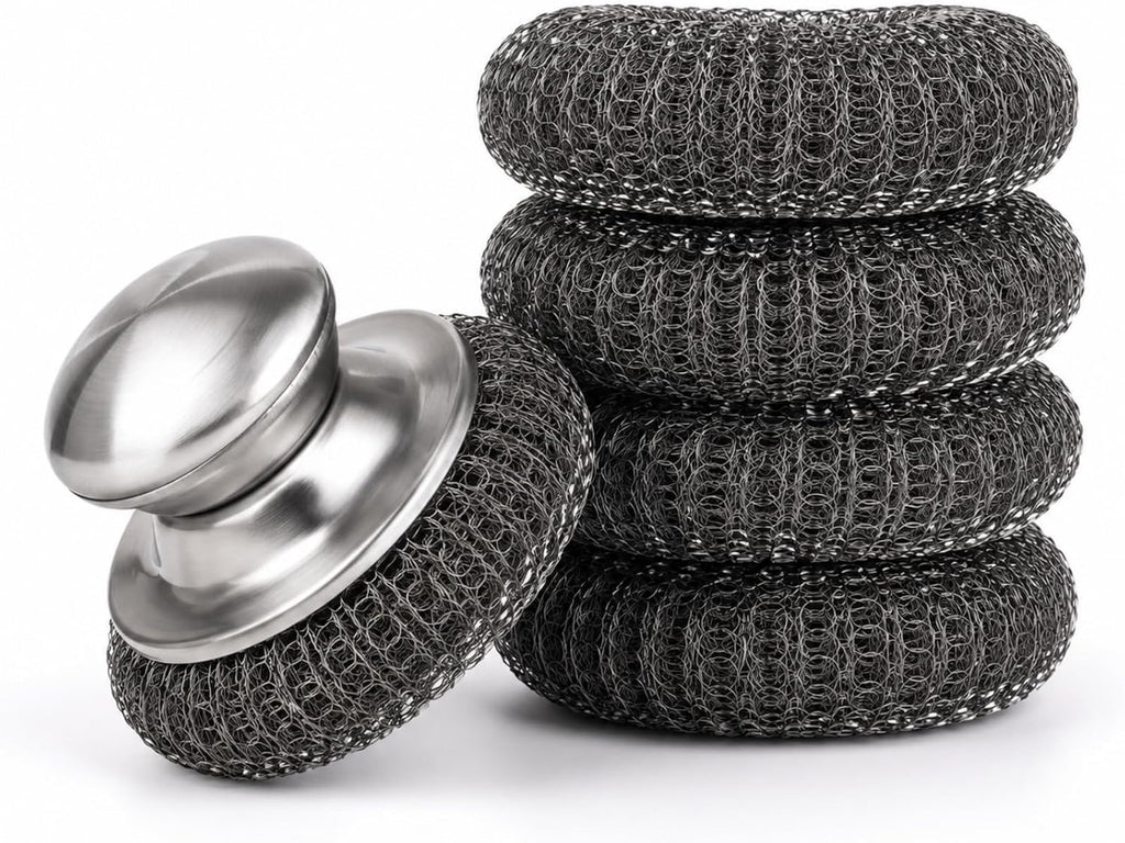 HiramWare Steel Wool Scrubbers with Stainless Steel Handle, 5 Pads
