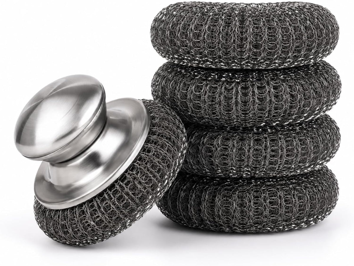 HiramWare Steel Wool Scrubbers with Stainless Steel Handle, 5 Pads
