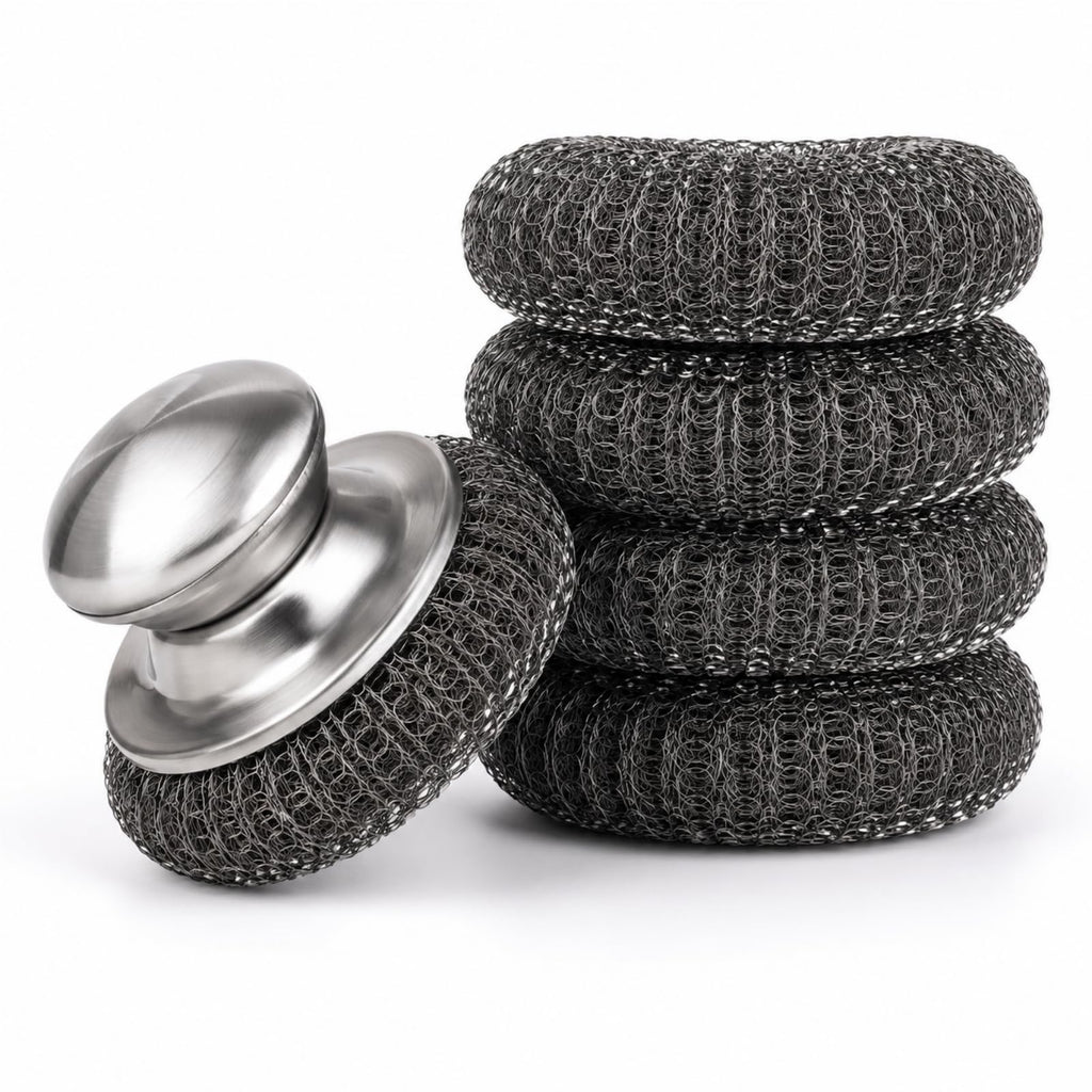 HiramWare Steel Wool Scrubbers with Stainless Steel Handle, 5 Pads