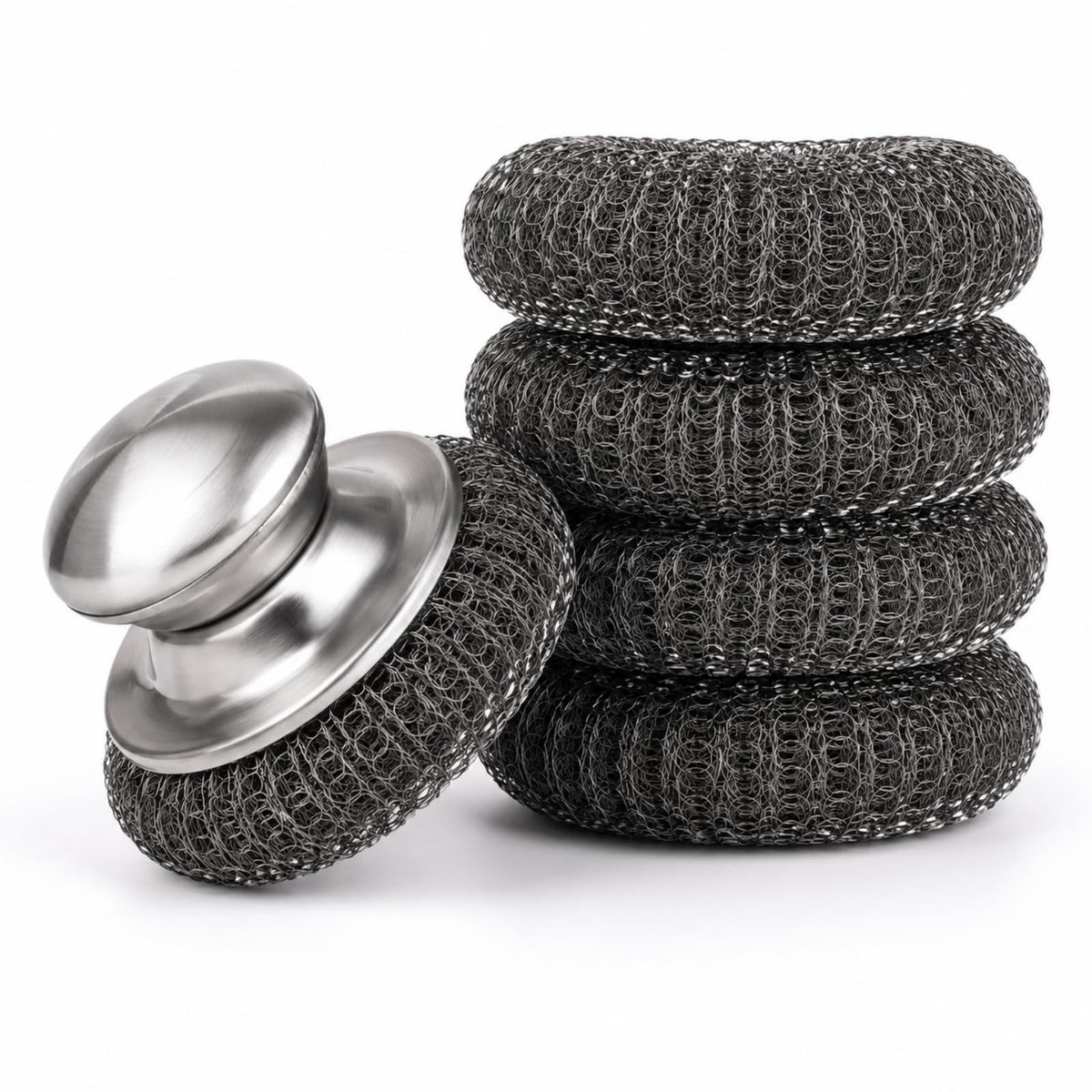 HiramWare Steel Wool Scrubbers with Stainless Steel Handle, 5 Pads