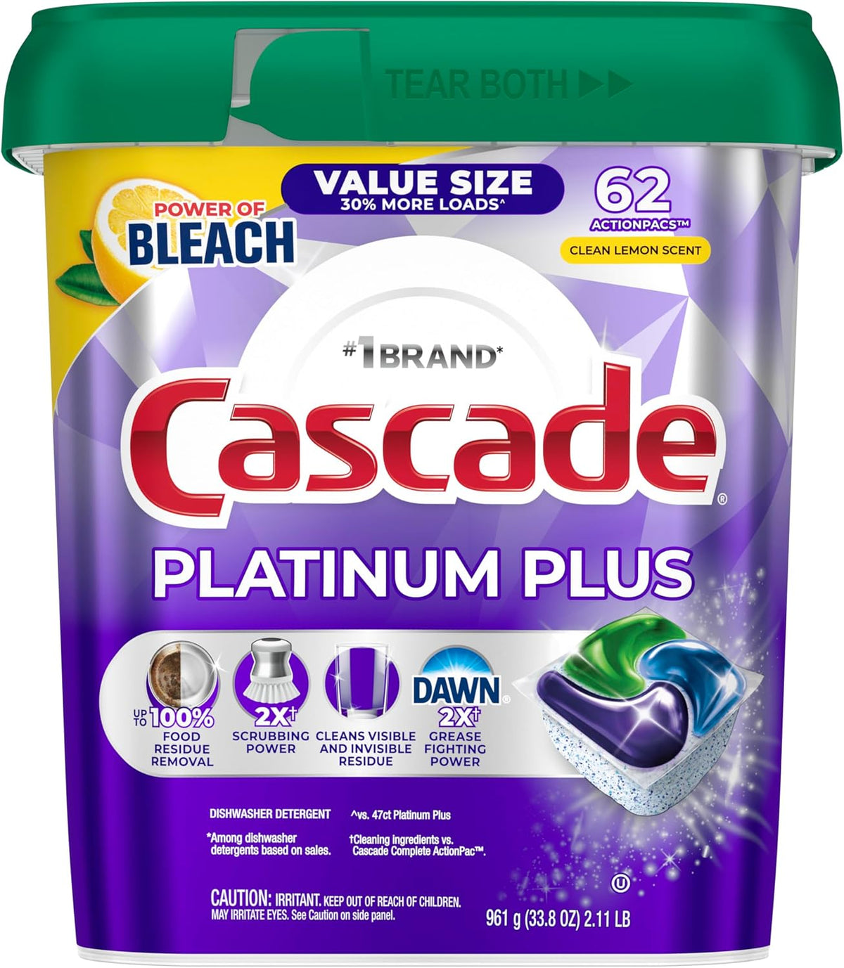 Cascade Platinum Plus Dishwasher Pods, Dish Detergent Soap, Clean Lemon Scent, 62 Count