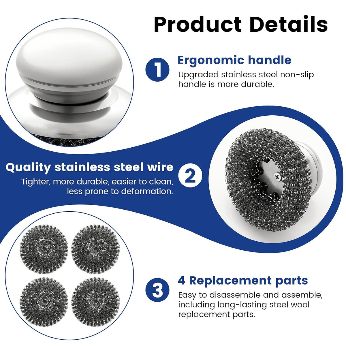 5Pcs Steel Wool Scrubber with Handle - Stainless Steel Scouring Pads Set for Cast Iron, Pans, Grill, Sink Cleaning(1 Scrubber+4 Pads)