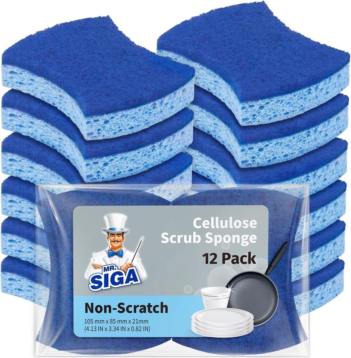 MR.SIGA Non-Scratch Cellulose Scrub Sponge, Dual-Sided Dish Sponge, 12 Pack
