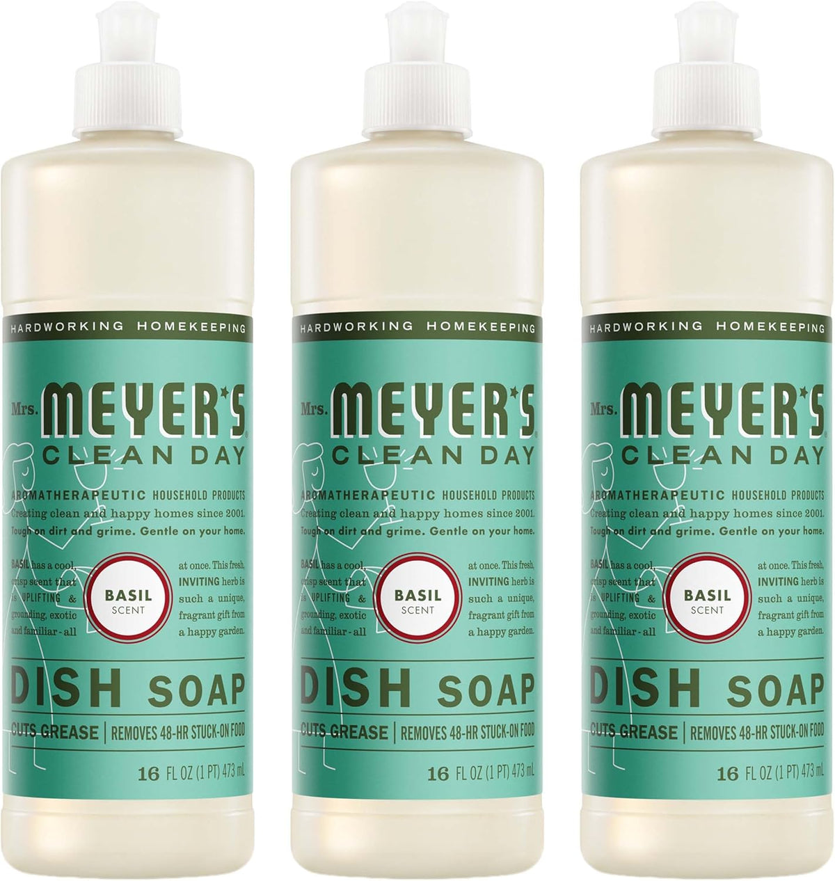 MRS. MEYER'S CLEAN DAY Liquid Dish Soap, Basil, 16 fl oz, 3 Pack