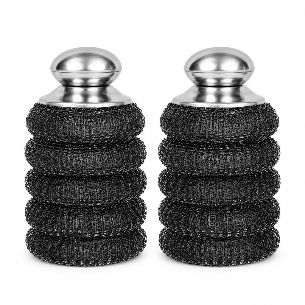 HiramWare Steel Wool Scrubbers with Stainless Steel Handle, 5 Pads