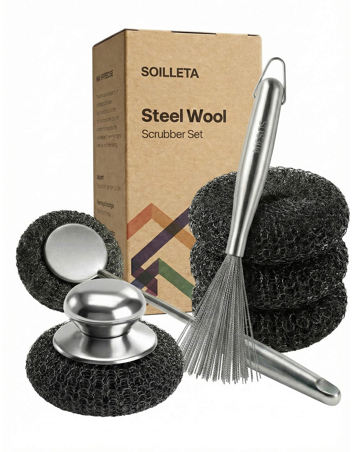 8 Pcs Steel Wool Scrubbers with 2 Pcs Handle,Stainless Steel Scouring Pads for Cast Iron Skillets, Grill & Kitchen Pots - Rust Resistant, Non-Splintering Heavy Duty for Tough Grease