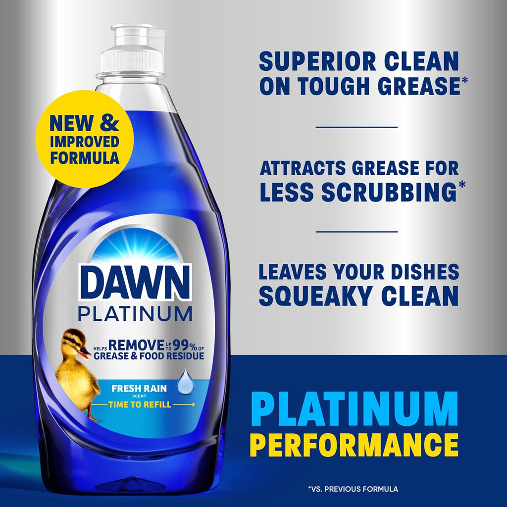 Dawn Platinum Dish Soap, Fresh Rain Scent Liquid Dishwashing Detergent, Powerful Dawn Dish Soap for Tough Grease Removal, 13 oz
