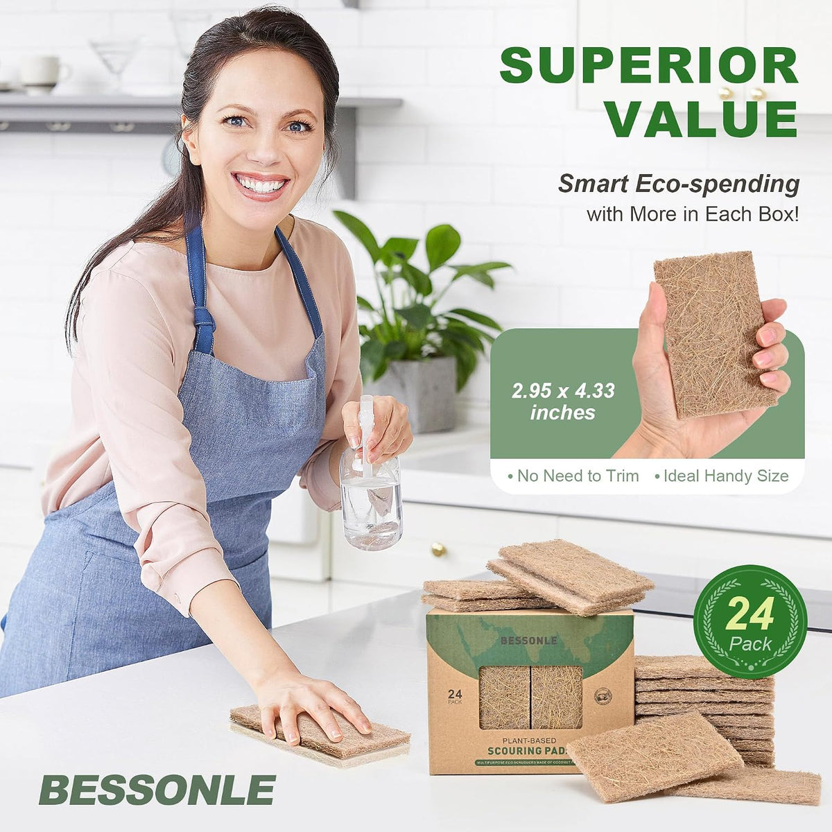 24 Pack Natural Scouring Pads - Heavy Duty Scrubbing Pads for Dishes - Non-Scratch - Reusable - Natural, Eco-Friendly, Biodegradable Sisal Fibers Sponges for Dishes, Compostable