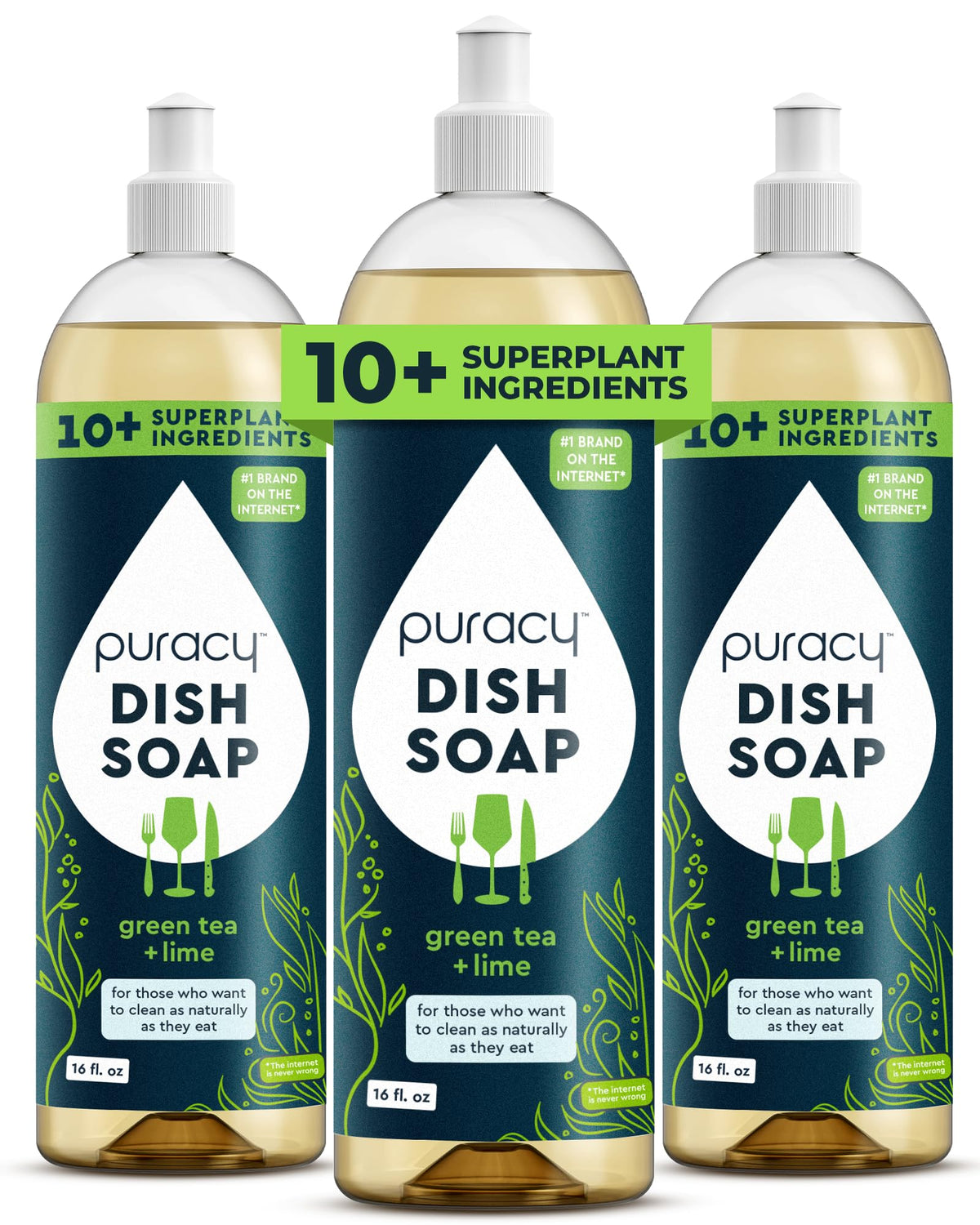 Puracy Natural Dish Soap Refill - Skin-Softening Plant-Based Liquid Dishwashing Detergent Soap, Clean-Rinsing Water-Sheeting Formula (Green Tea & Lime, 48 fl oz)