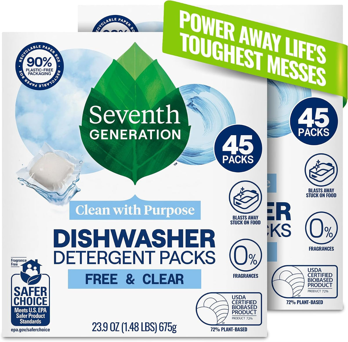 Seventh Generation Dishwasher Detergent Packs, Free & Clear, 45 Count, Pack of 2, Plant Powered Cleaning, Fights Greasy Reside & Stuck-On Food For Sparkling Dishes, Fragrance-Free & Septic Safe