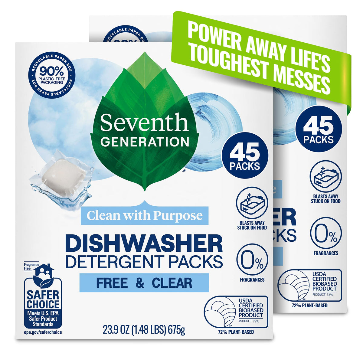 Seventh Generation Free & Clear Dishwasher Detergent Packs, 72 Count