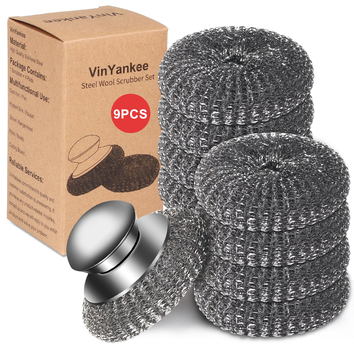 5Pcs Steel Wool Scrubber with Replacement Wire Sponge Pads Set, Stainless Steel Scrubber with Handle for Scouring Stubborn Messes from Cast Iron, Pots, Pans, Grill, Stoves, Sink(1 Scrubber+4 Pads)