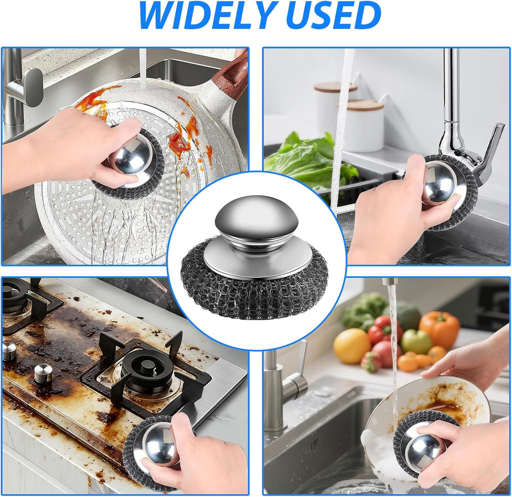 4-Pack Replaceable Steel Wool Scrubber with 2 Handles & 2 Brush Heads, Powerful Stainless Steel Cleaner for Pots, Pans, Grill, Stove Top - Remove Burnt Grease & Stubborn Grime