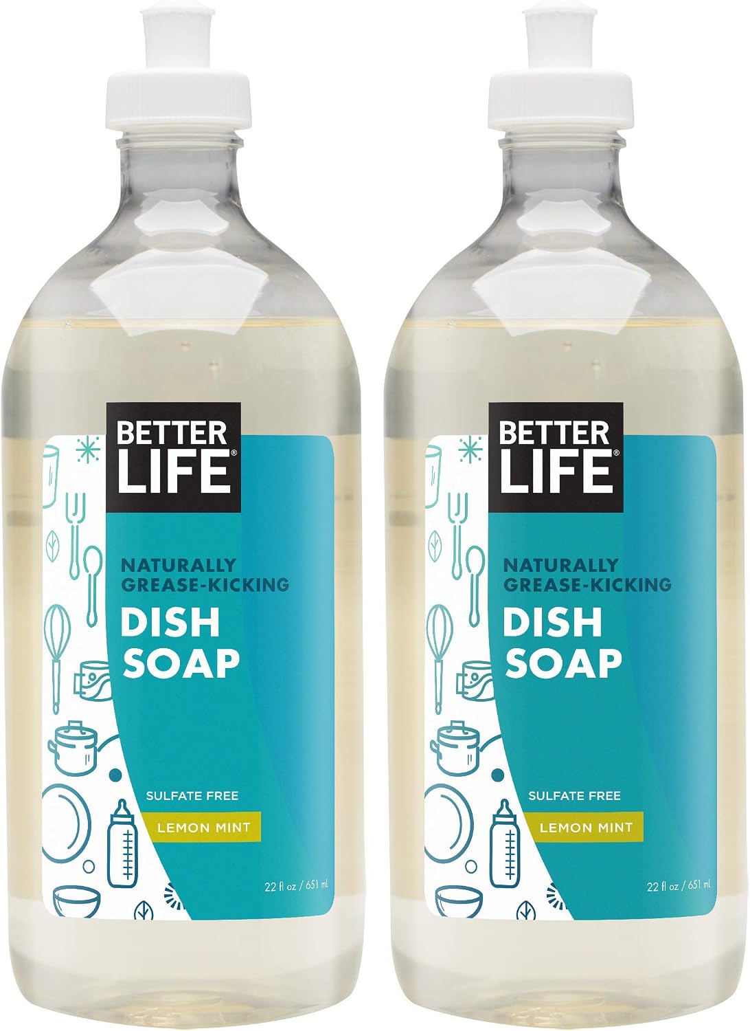 Better Life Dish Soap - Liquid Dishwashing Soap with Vitamin E and Aloe for Home & Kitchen Sink - No Gloves Required Kitchen Soap for Sensitive Skin - 22oz (Pack of 2) Lemon Mint