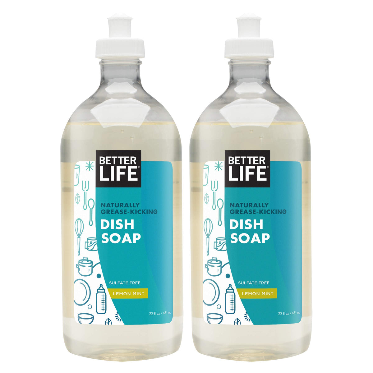 Better Life Dish Soap - Liquid Dishwashing Soap with Vitamin E and Aloe for Home & Kitchen Sink - No Gloves Required Kitchen Soap for Sensitive Skin - 22oz (Pack of 2) Lemon Mint
