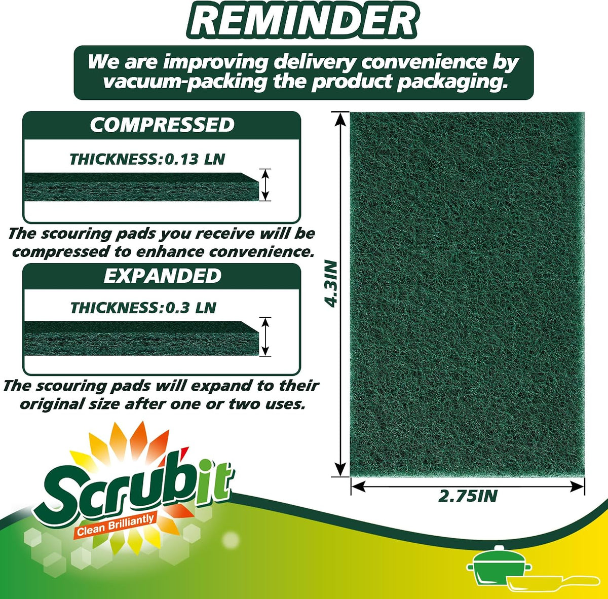 SCRUBIT Scouring Pads - Heavy Duty Scrub Pads for Cleaning Dishes - Non-Scratch - Reusable - Green (50, Green)