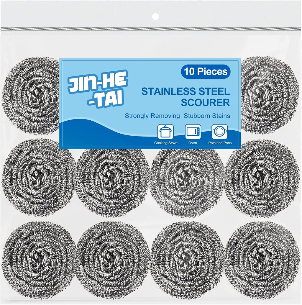 10 Pack Stainless Steel Scrubber, Steel Wool Srubber for Scouring Stubborn Messes from Pots and Pans, Stoves,Broiler Racks,Grills and More
