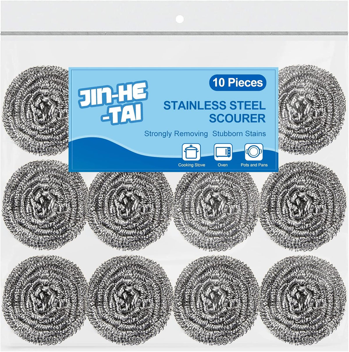 10 Pack Stainless Steel Scrubber, Steel Wool Srubber for Scouring Stubborn Messes from Pots and Pans, Stoves,Broiler Racks,Grills and More