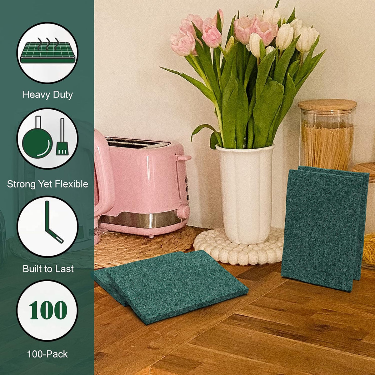 100-Pack Heavy Duty Green Scouring Pads 4x6 Inch | Reusable Non-Scratch Scrub Pads for Kitchen, Dishes, Pots, Pans, Grills & Household Cleaning | Multipurpose Scrubbers for Tough Stains
