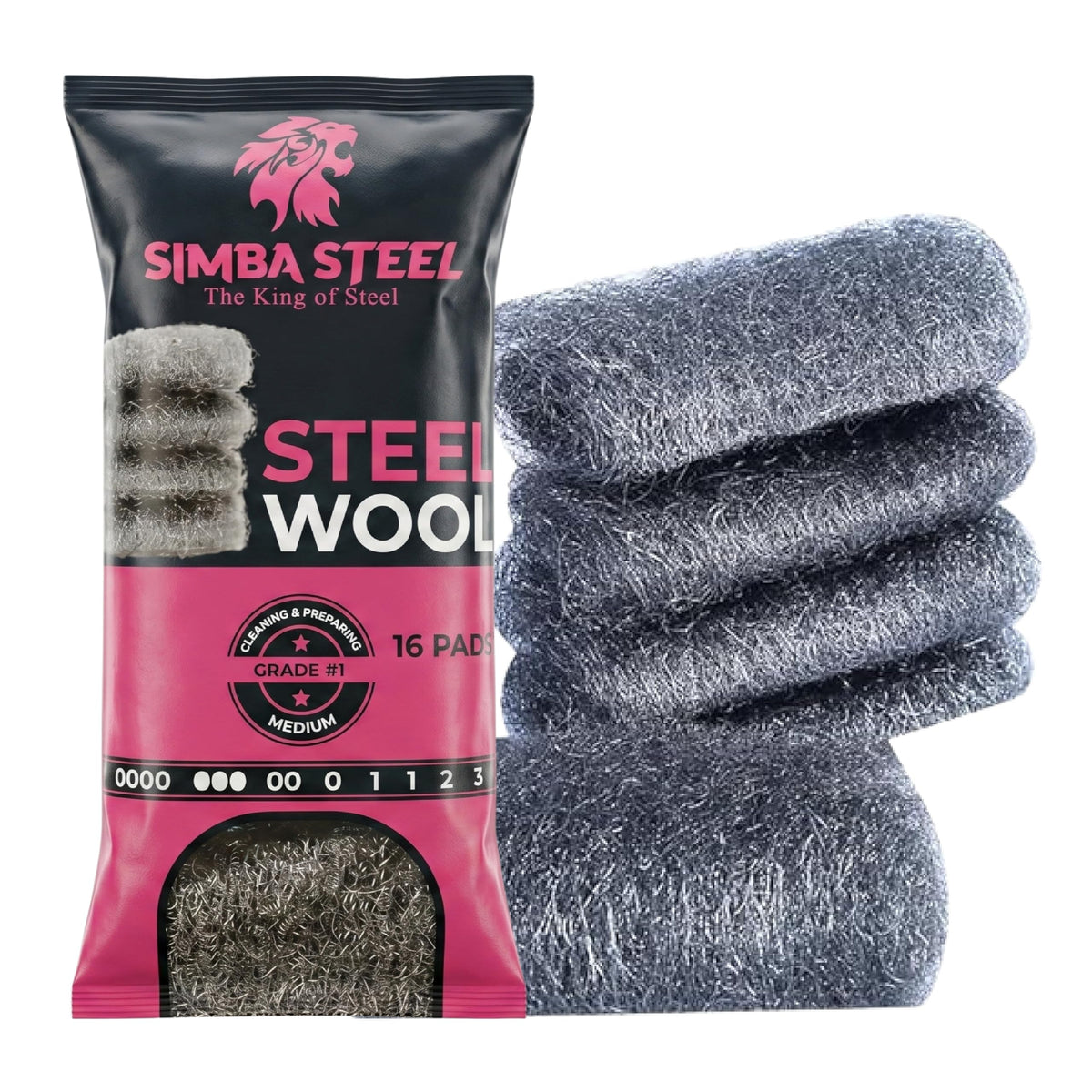 Steel Wool Grade 0000 - Finest Grade - 16 Steel Wool Pads – Steel Wool Scrubber for Cleaning & Rust Removal, Glass & Wood Buffing, Steel Scratch Remover, Mice & Rodents