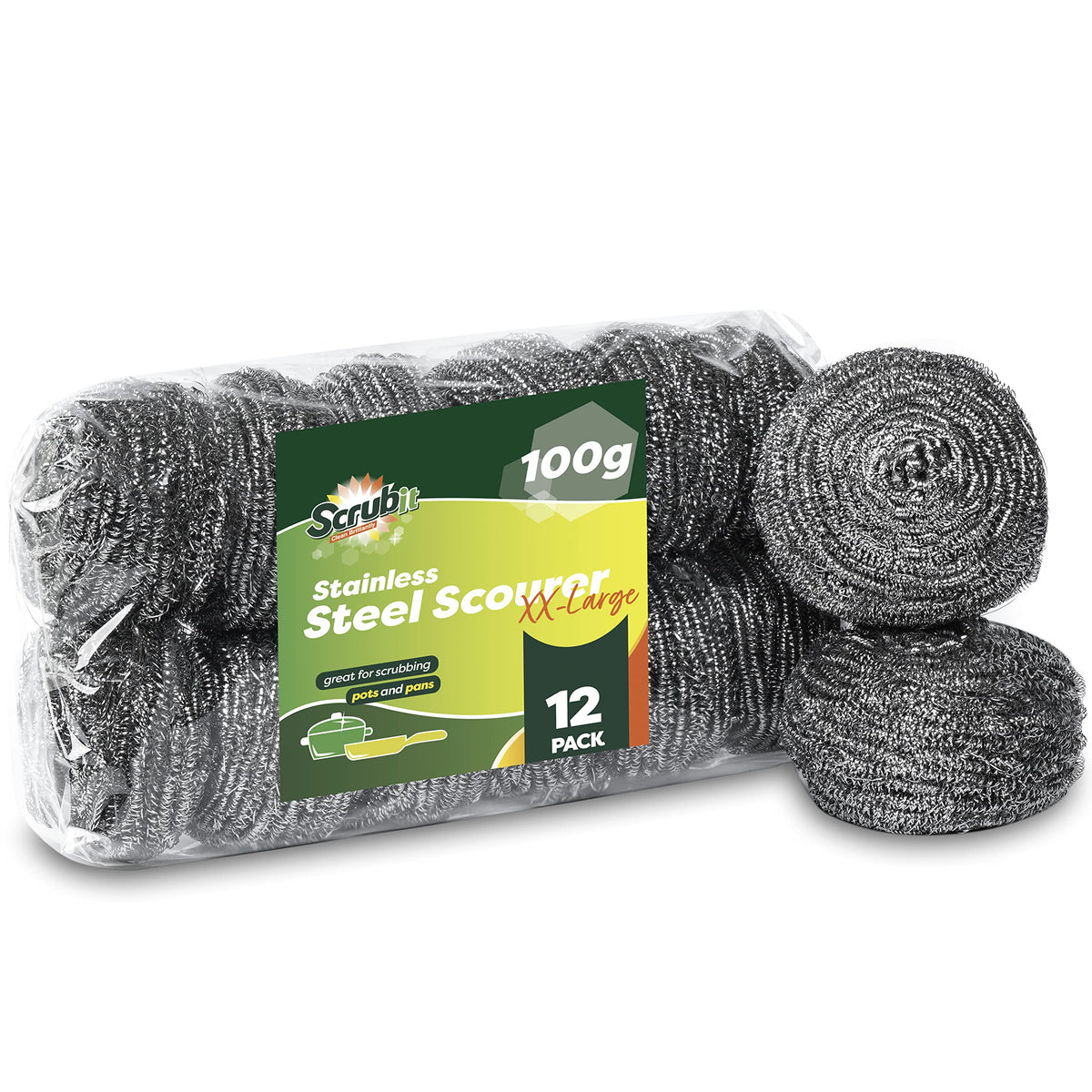 12 Pack Stainless Steel Scourers by Scrub It – Steel Wool Scrubber Pad Used for Dishes, Pots, Pans, and Ovens. Easy scouring for Tough Kitchen Cleaning. (Large (50 gram))
