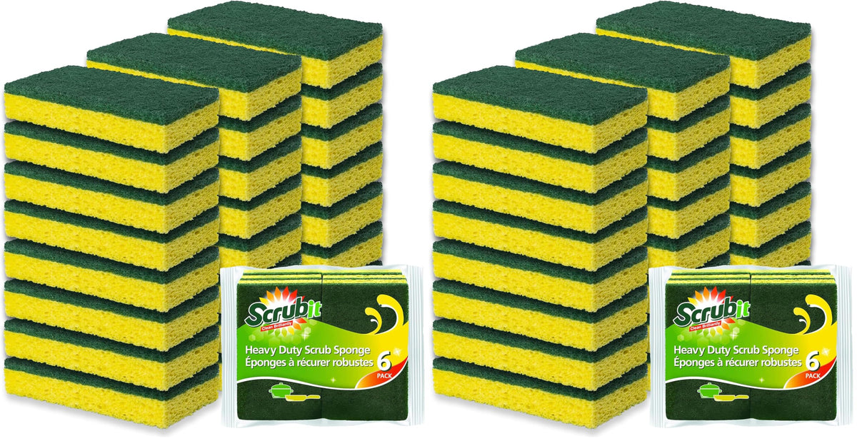 SCRUBIT Heavy Duty Scrub Sponges - Dishwashing Sponge Along with A Tough Scouring Pad - Ideal for Cleaning Kitchen, Dishes, Bathroom - Yellow - 24 Dish sponges