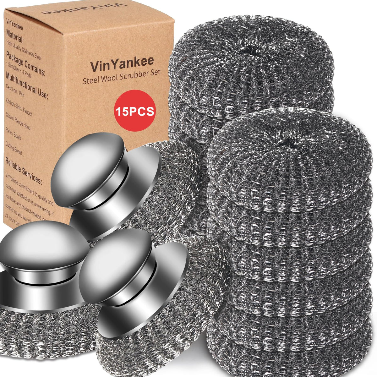 5Pcs Steel Wool Scrubber with Replacement Wire Sponge Pads Set, Stainless Steel Scrubber with Handle for Scouring Stubborn Messes from Cast Iron, Pots, Pans, Grill, Stoves, Sink(1 Scrubber+4 Pads)