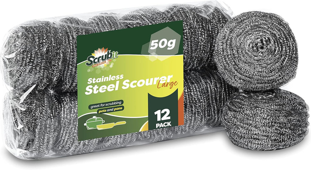 12 Pack Stainless Steel Scourers by Scrub It – Steel Wool Scrubber Pad Used for Dishes, Pots, Pans, and Ovens. Easy scouring for Tough Kitchen Cleaning. (Large (50 gram))