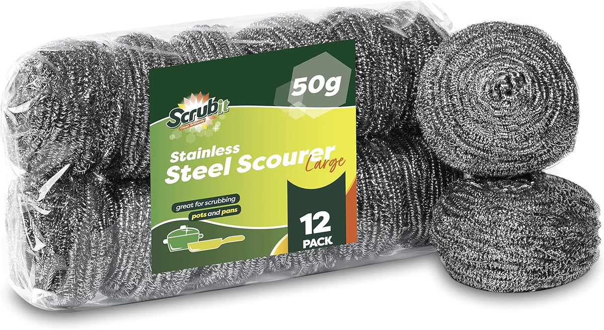 12 Pack Stainless Steel Scourers by Scrub It – Steel Wool Scrubber Pad Used for Dishes, Pots, Pans, and Ovens. Easy scouring for Tough Kitchen Cleaning. (Large (50 gram))